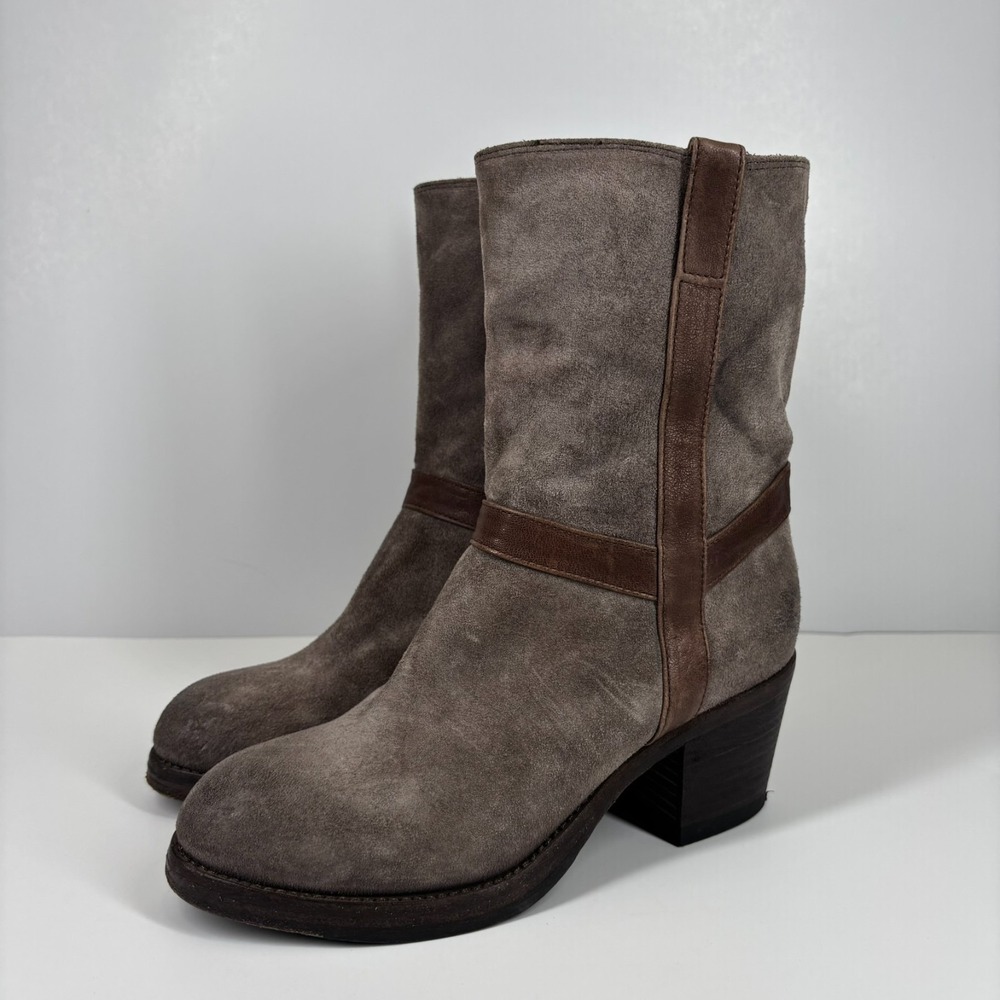 Pantanetti Women's US 6/36 Taupe Brown Suede Mid-Calf Heeled Biker Pull-On Boots